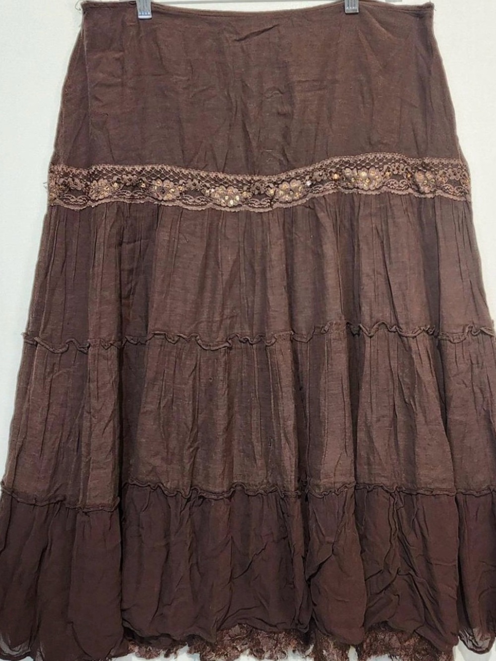 Newport News Brown Tiered Maxi Skirt with Lace Waistband
